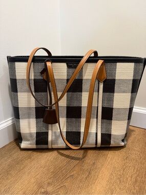 Tory Burch Black and White Buffalo Check Canvas Tote with Tan Leather Handles